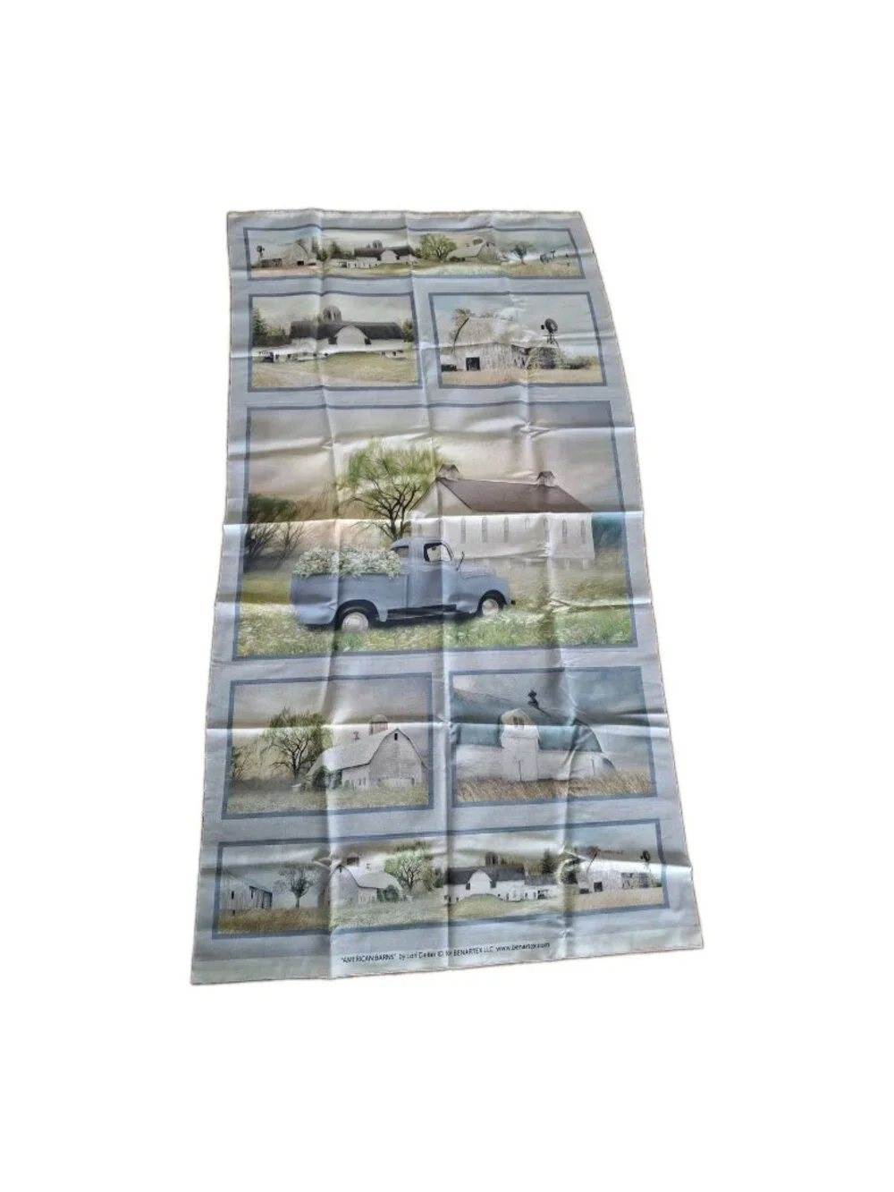 American Barn Panel Fabric Farm Blue Truck Rustic Cotton Benartex 23